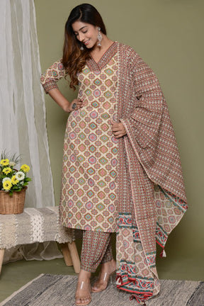 Beige Color Cotton Printed Suit