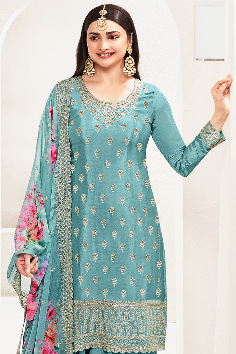 Turquoise Color Georgette Embroidered Unstitched Suit Material With Palazzo
