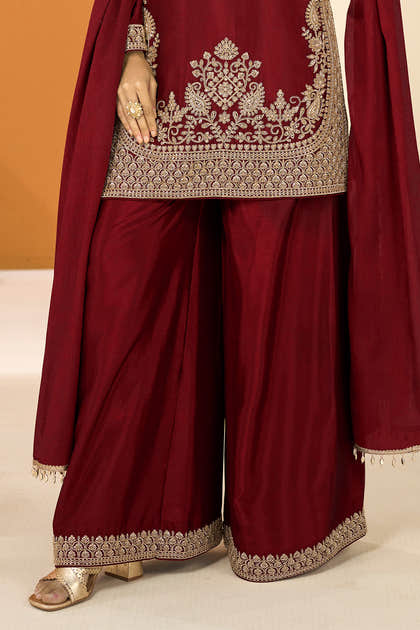 Maroon Crepe Silk Cut-Dana Embroidered Suit With Embroidered Palazzo