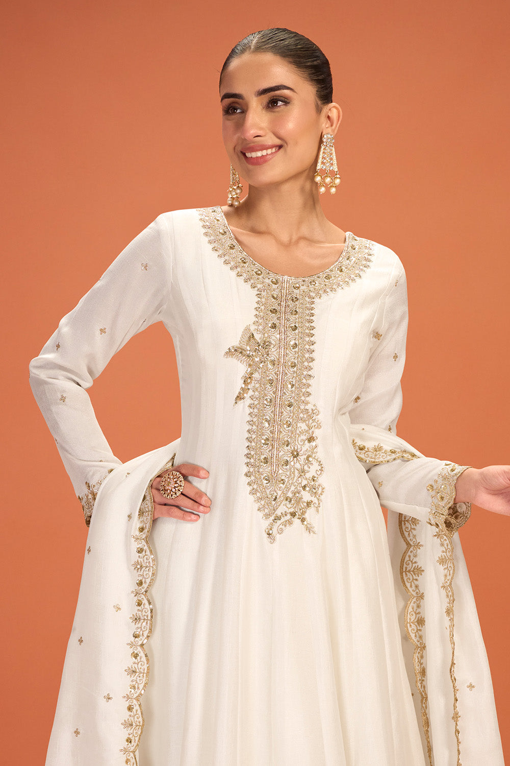 Cream Crepe Silk Zari and Sequins Embroidered Anarkali Suit