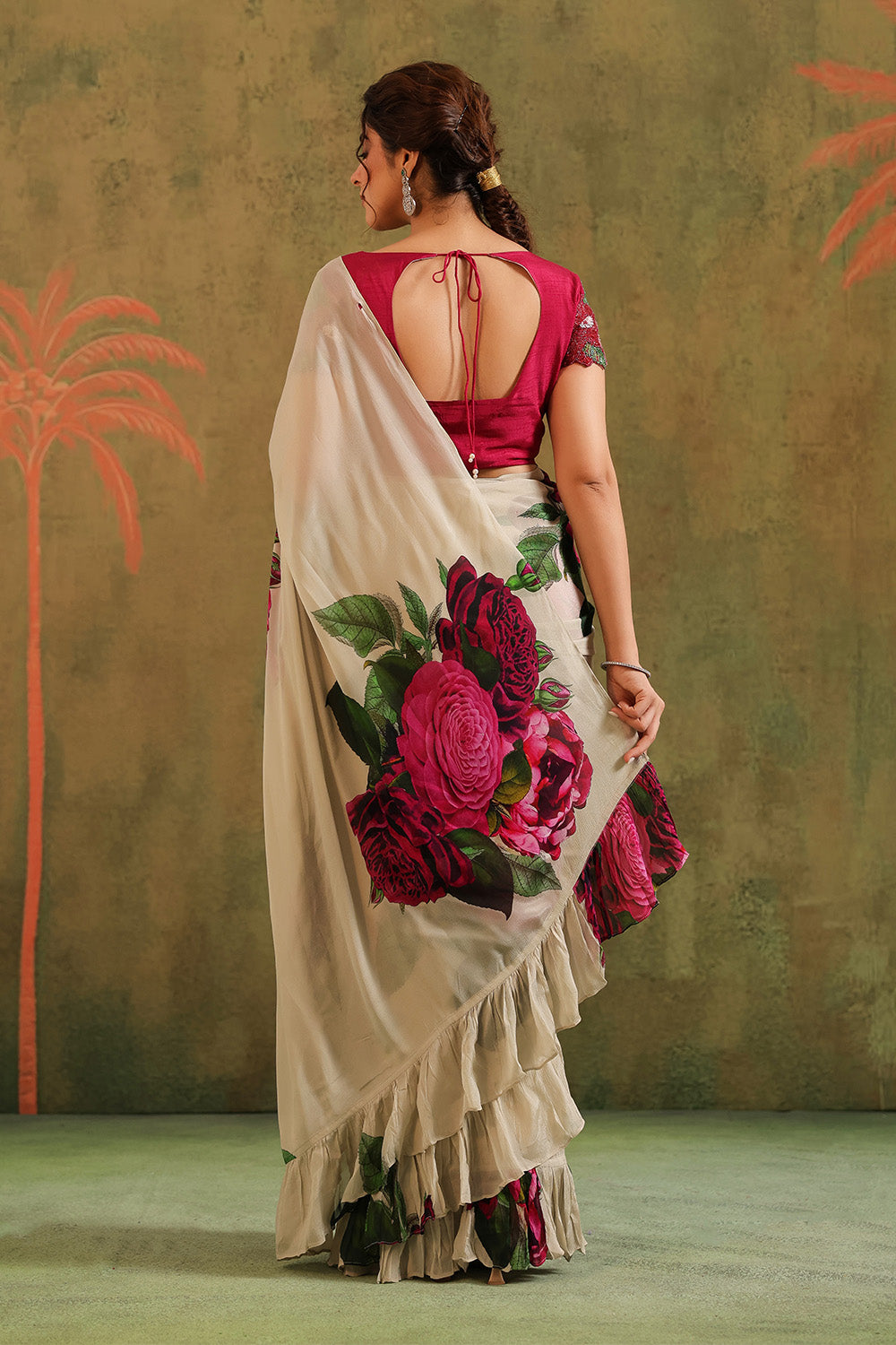 Cream Pure Crepe Silk Floral Printed Ruffled Saree With Readymade Cut-Dana Embroidered Blouse
