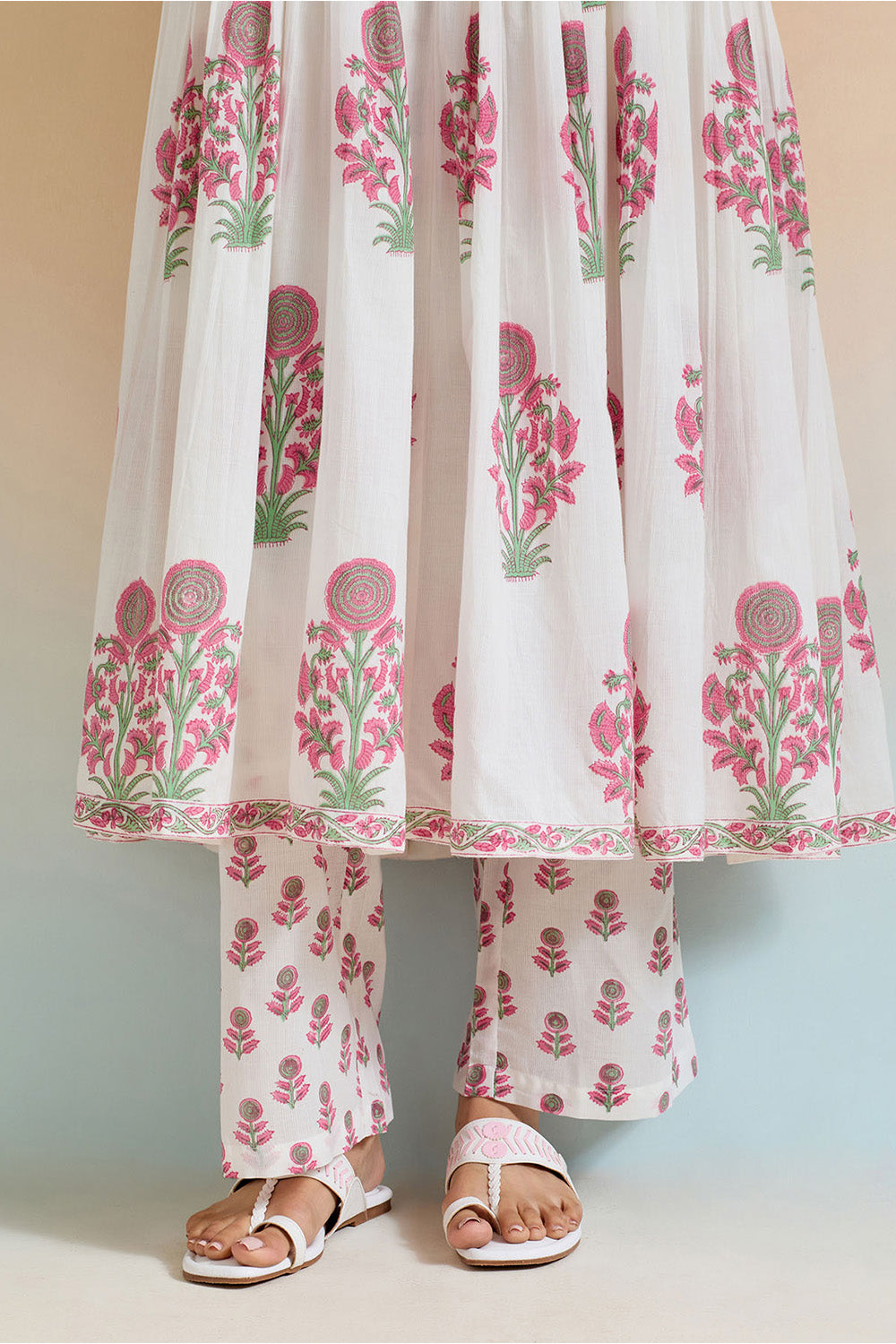 White & Pink Color Cotton Printed  Anarkali Suit