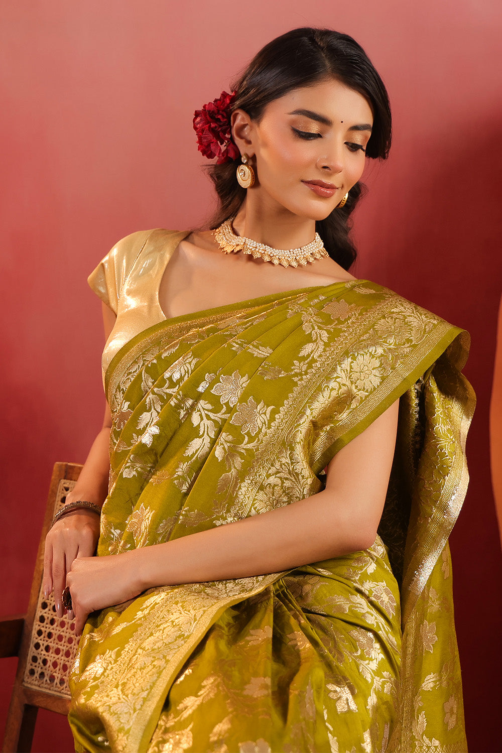 Sage Green Zari Floral Woven Silk Saree