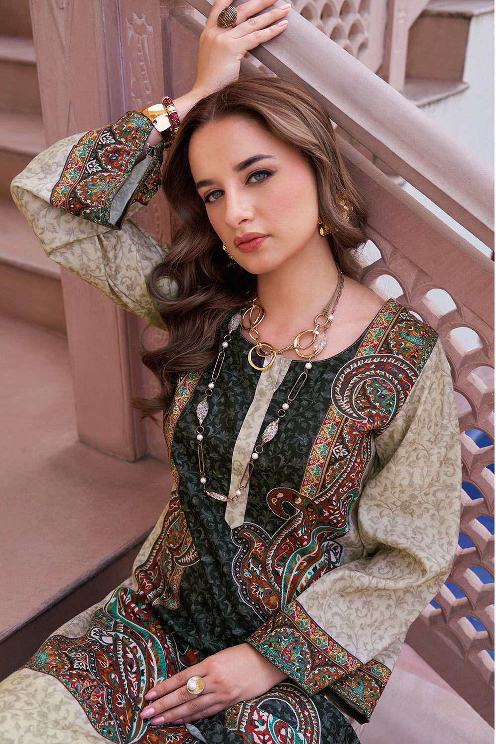 Black & Beige Spun Mughal-Inspired Paisley Printed Unstitched Suits Material