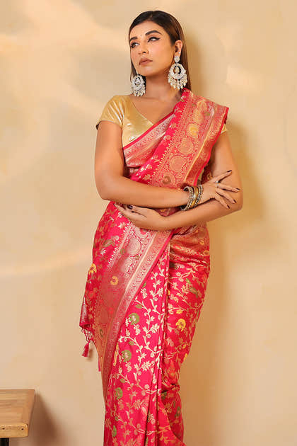 Cherry Red Colour Silk Zari & Resham Woven Saree