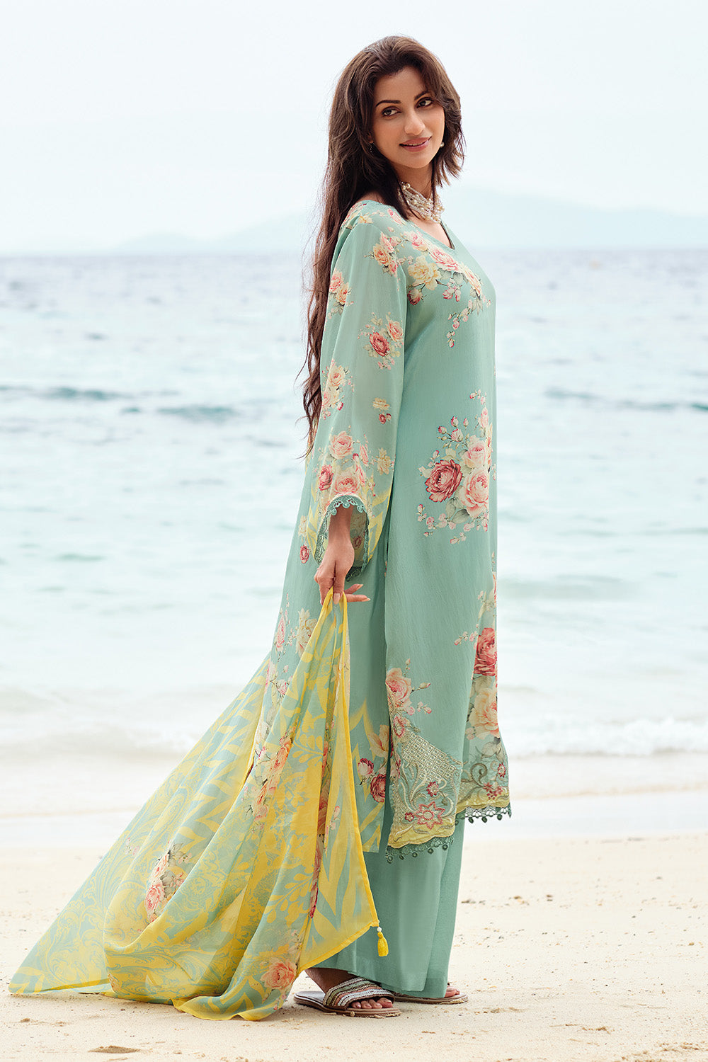 Sea Green Color Floral Printed Organza Tissue Suit