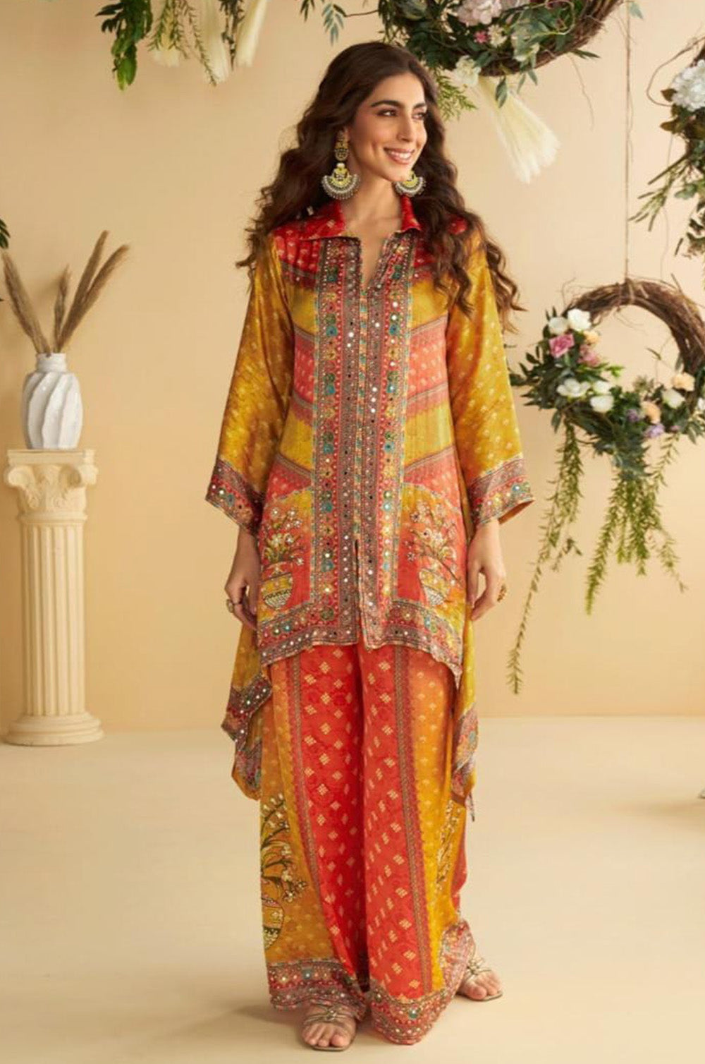 Orange & Yellow Printed Crepe Kurta Set With Palazzo