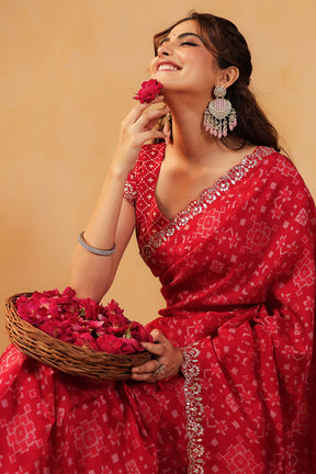 Red Color Ikat Patola Modal Silk Saree with Gota Patti Border