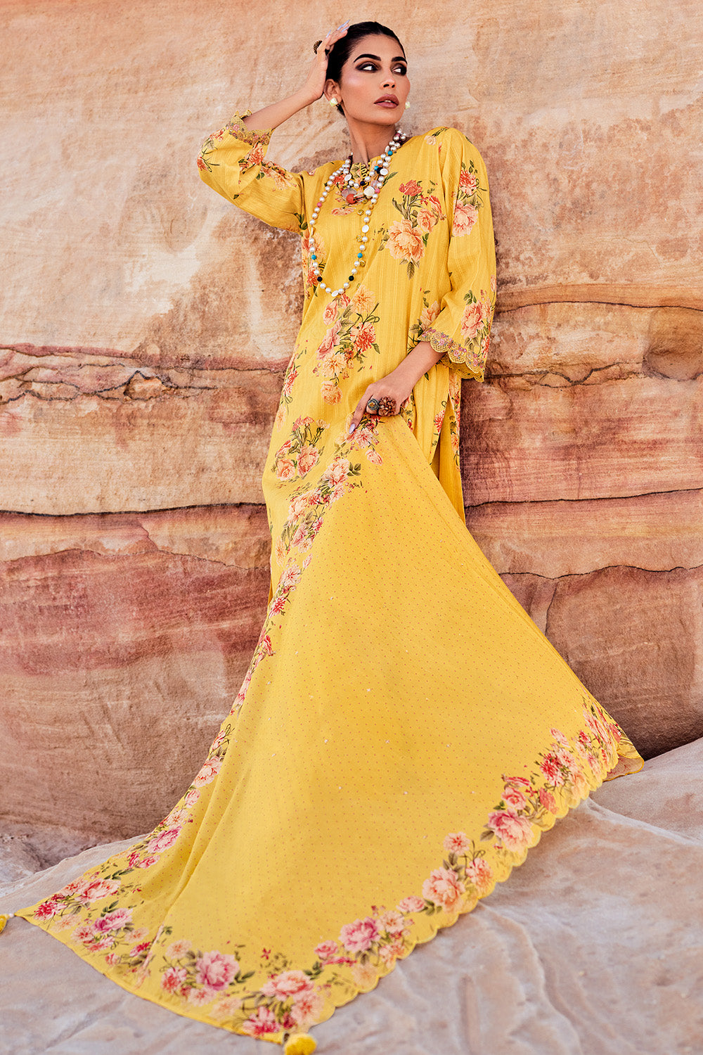 Mustard Colour Cotton Floral Printed Unstitched Suit Fabric