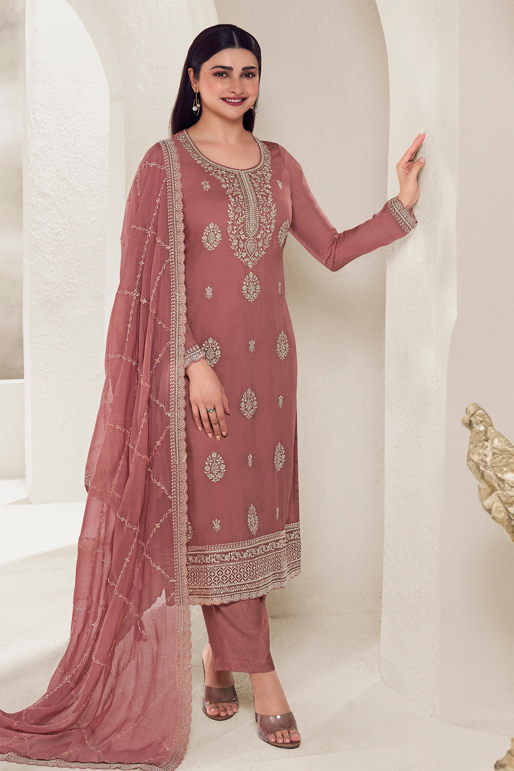 Rust Color Muslin Resham Embroidered Unstitched Suit Material