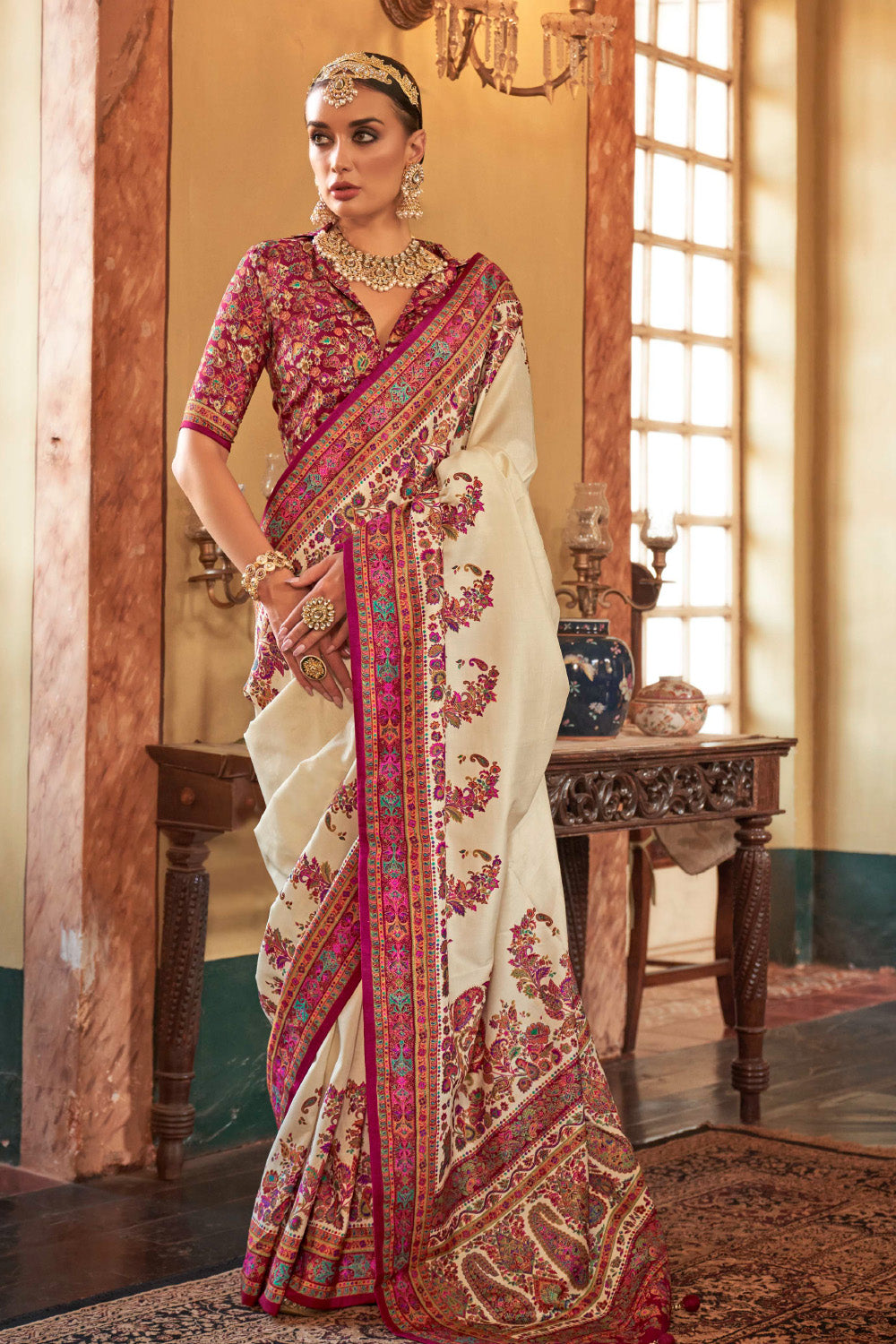 Cream Color Gajji Silk Printed Saree
