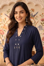 Navy Rayon Cotton Kurta With Printed Palazzo