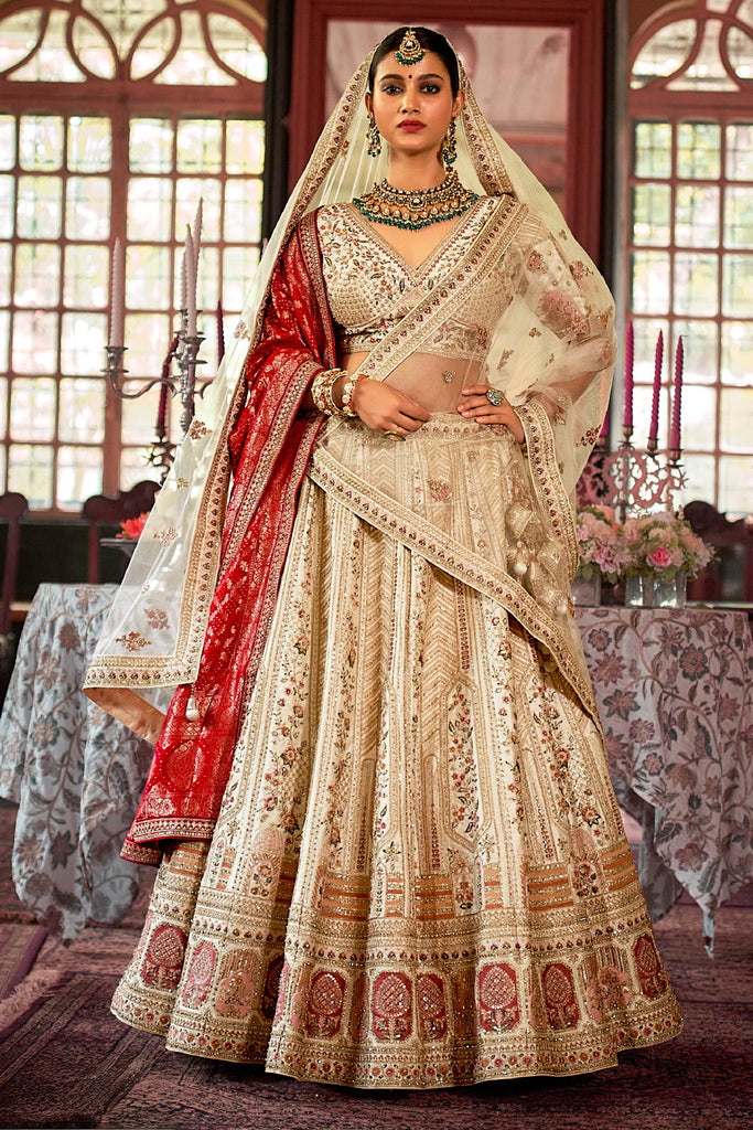 Cream luxurious Silk Embroidered Semi-Stitched Bridle Lehenga