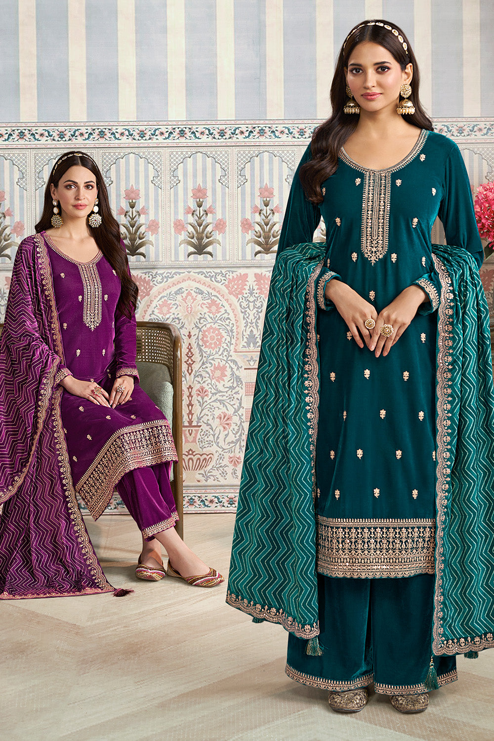 Teal Velvet Sequins and Zari Embroidered Unstitched Suit Fabric