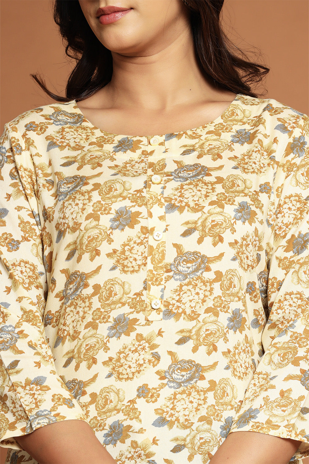 Beige & Brown Color Floral Printed Kurti