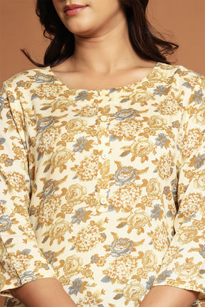 Beige & Brown Color Floral Printed Kurti