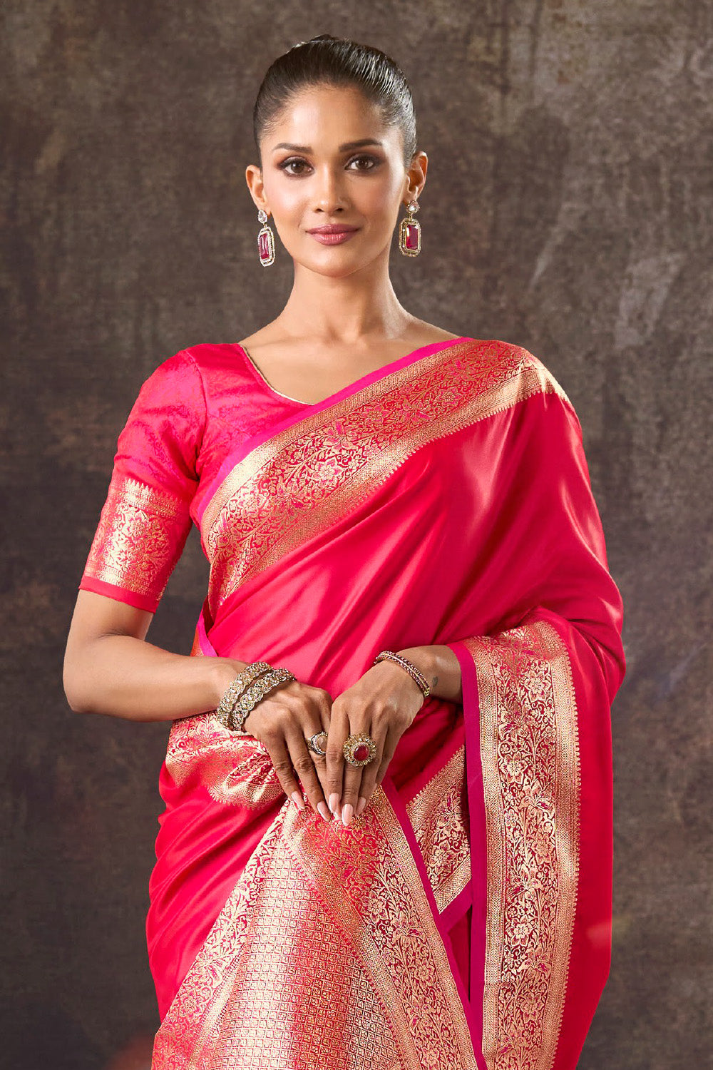 Red Satin Silk Woven Saree