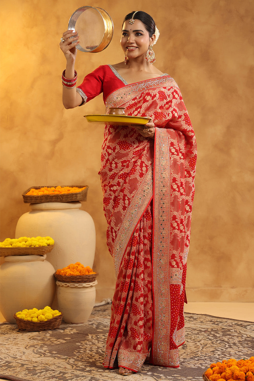 Red Color Khhadi Georgette Woven Saree