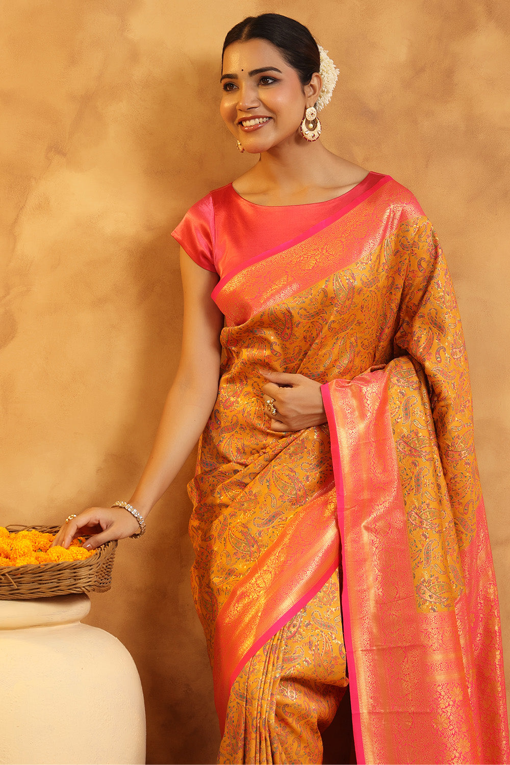 Mustard Color Resham Woven Saree