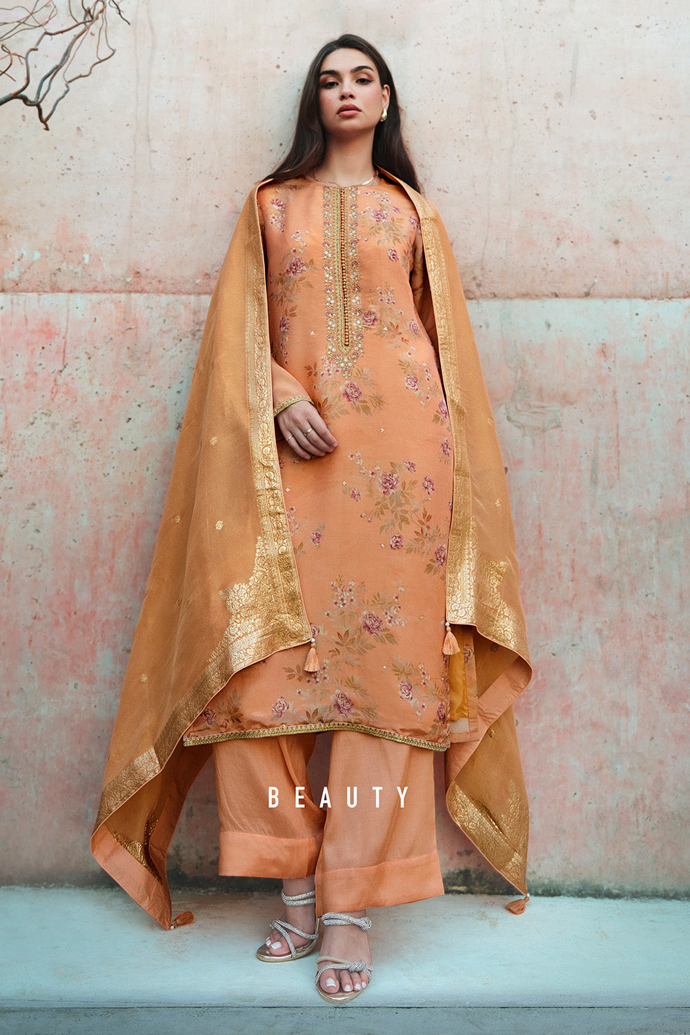 Peach Color Floral Printed & Neck Embroidered Unstitched Suit Material