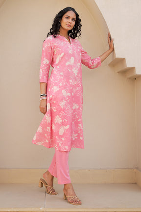 Pink Floral Printed Cotton Kurta Set