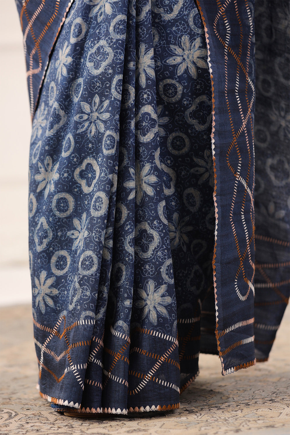 Navy Tussar Silk Printed Saree