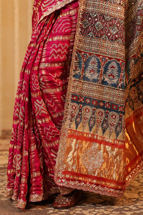 Magenta Pink Pure Gharchola Gajji Silk Printed And Embroidered Saree