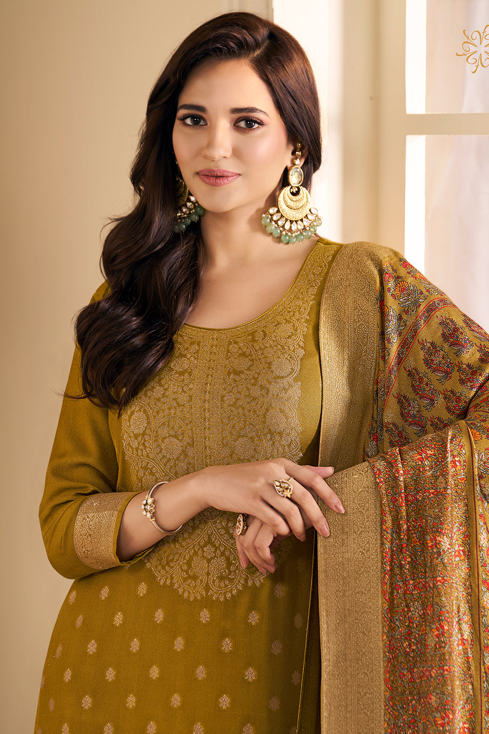 Mustard Pashmina Zari Woven Unstitched Suit Fabric