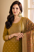 Mustard Pashmina Zari Woven Unstitched Suit Fabric