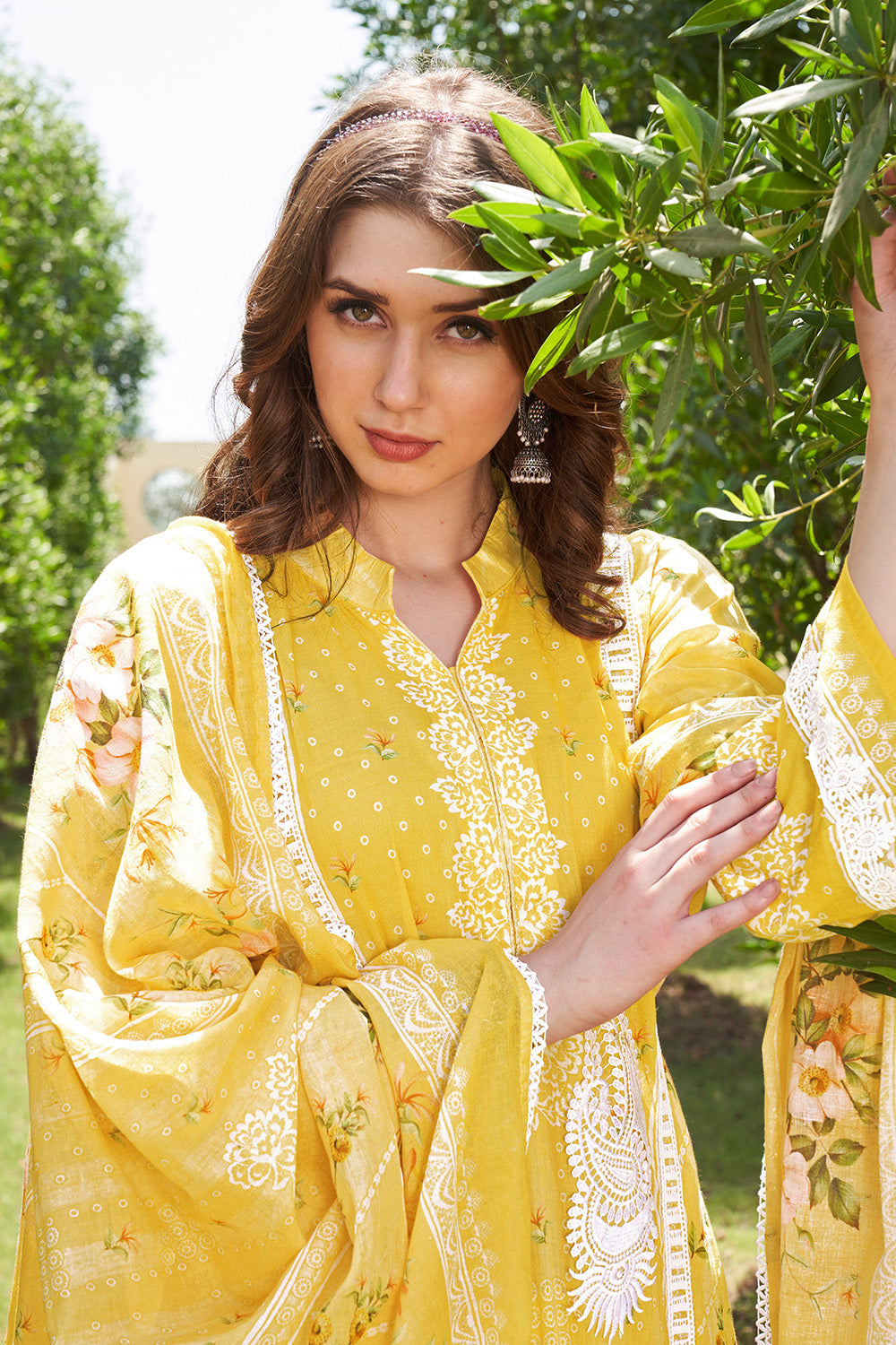 Yellow Color Floral Printed Cotton Unstitched Suit Fabric