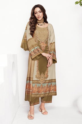 Olive Green Kashmiri Paisley Printed Unstitched Suits Material