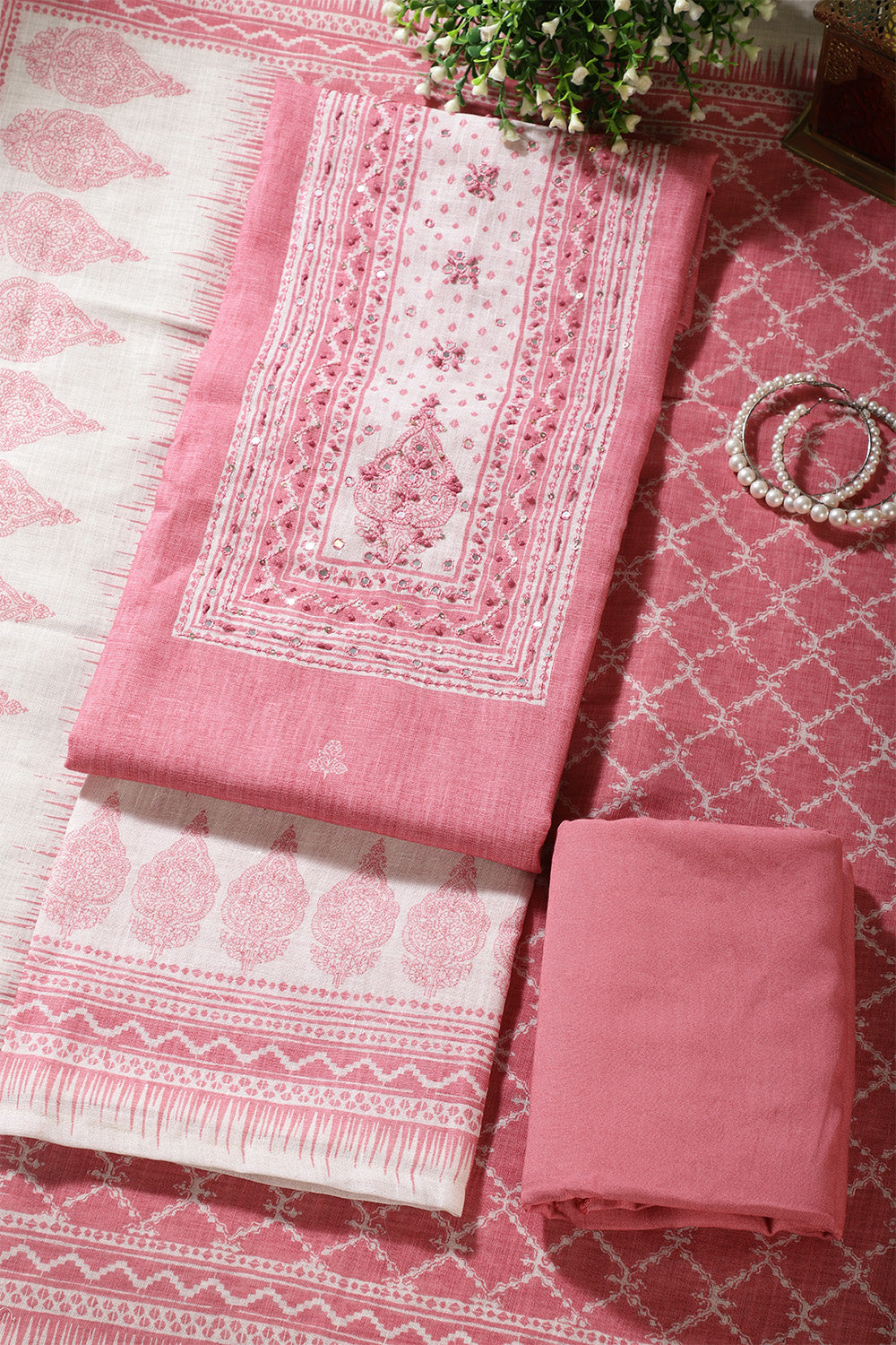 Dusty Pink Color Printed Linen Cotton Unstitched Suits