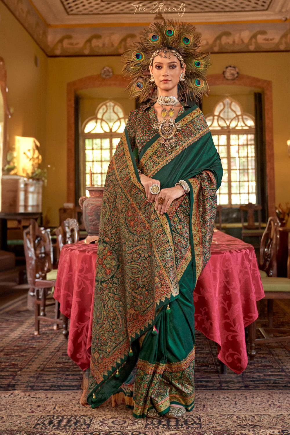 Green Color Printed Gajji Silk Saree