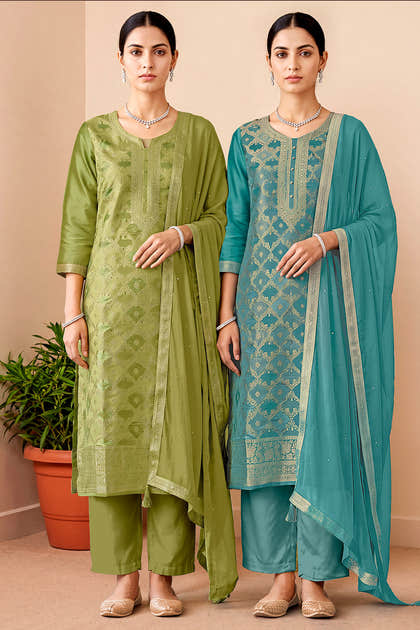 Turquoise Silk Woven Unstitched Suit Fabric
