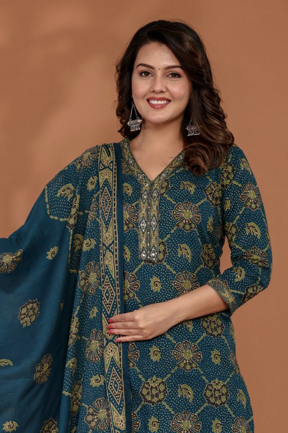 Teal & Green Cotton Floral Printed Suit Set
