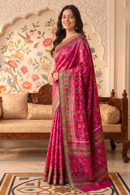 Rani Cotton Printed And Woven Border Saree