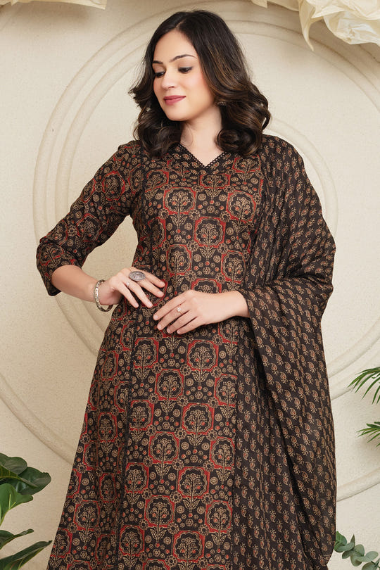 Black Cotton Floral Printed Suit Set