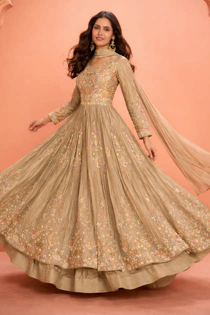 Beige Crepe Silk Embroidered Anarkali Suit With Skirt