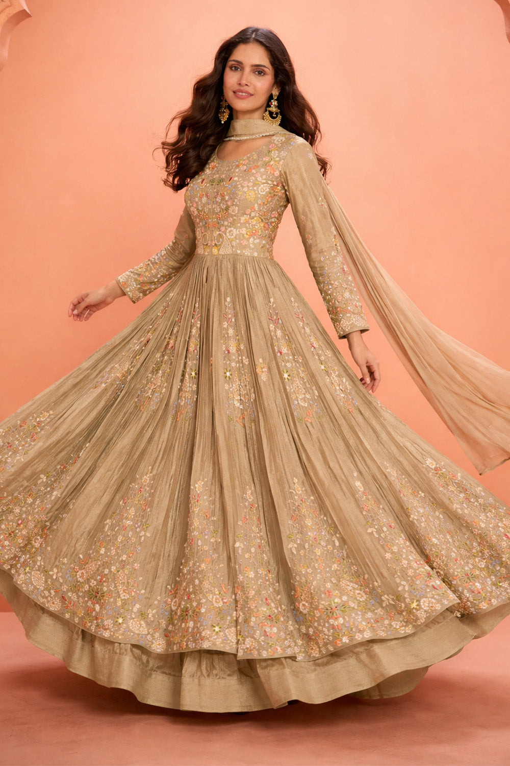 Beige Crepe Silk Embroidered Anarkali Suit With Skirt