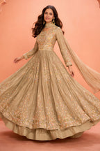 Beige Crepe Silk Embroidered Anarkali Suit With Skirt