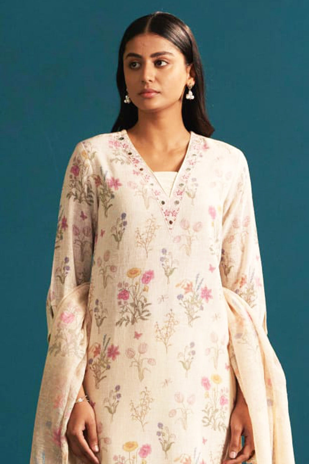Cream Color Khadi Cotton Floral Printed and Neck Embroidered Suit