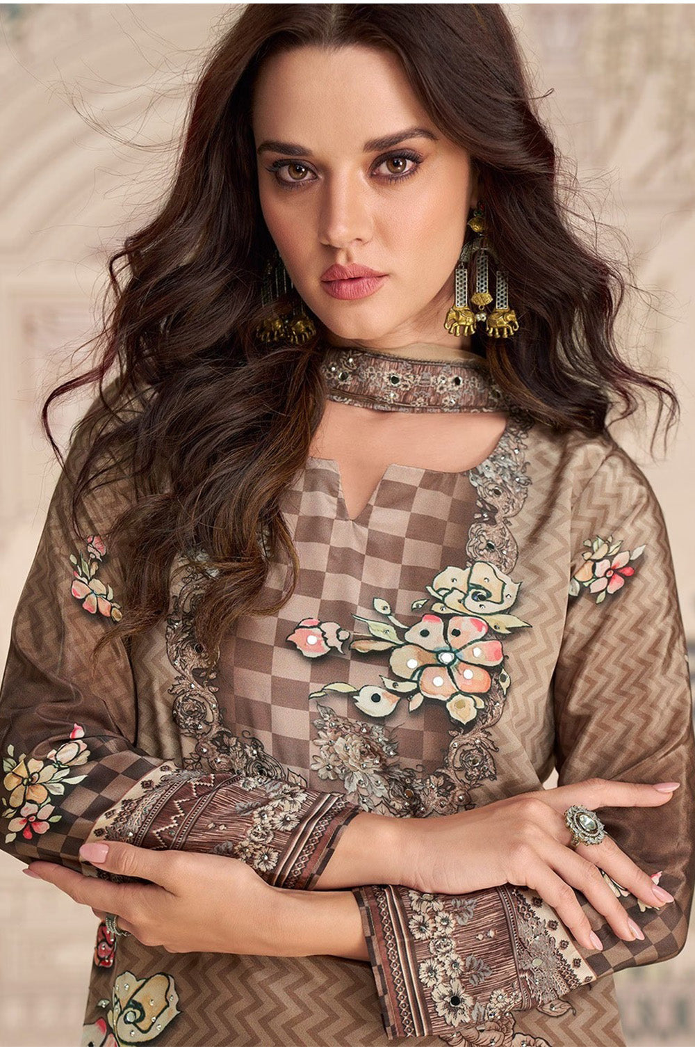 Brown Crepe Silk Mirror And Swarovski Embroidered Printed Suit With Gharara