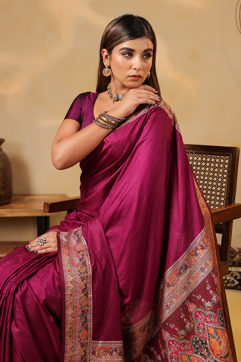 Dark Scarlet Soft Silk Kalamkari Woven Saree