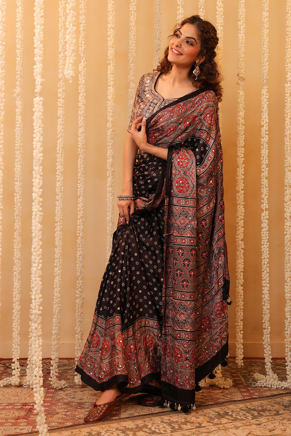 Black & Grey Pure Mulberry Silk Printed And Embroidered Saree