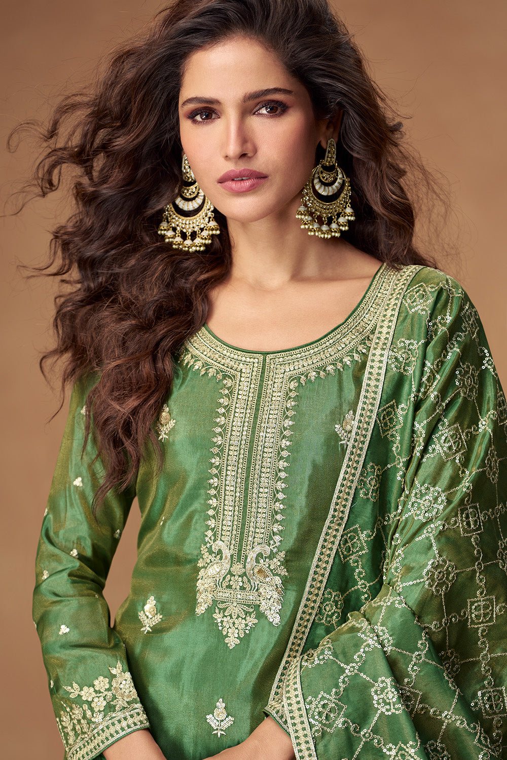 Green Silk Zari And Sequins Embroidered Suit With Embroidered Palazzo