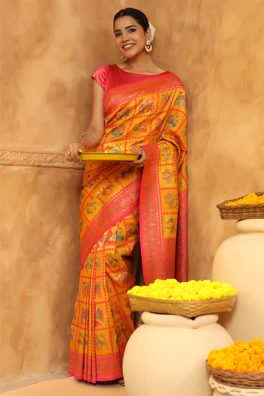 Mustard Colour Resham Woven Saree