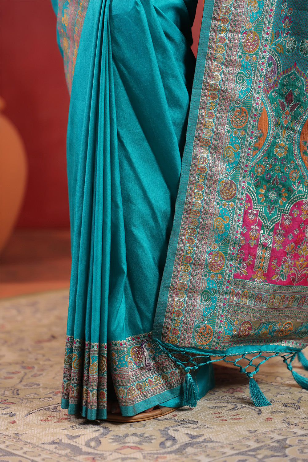 Teal Soft Silk Kalamkari Woven Saree