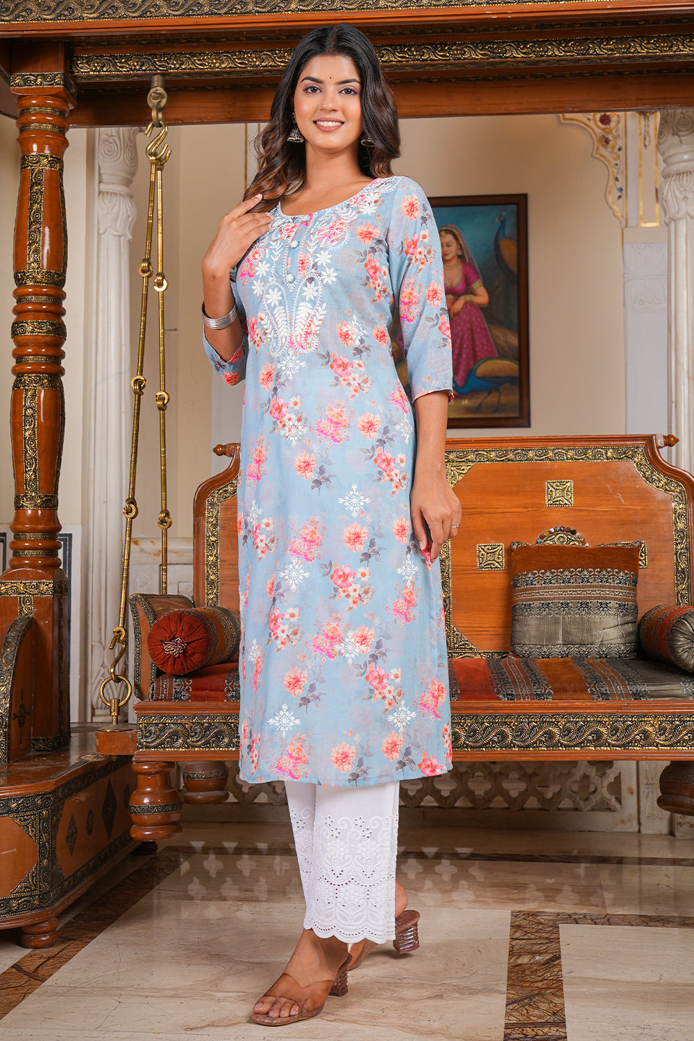 Powder Blue Color Floral Printed Cotton Long Kurti Set