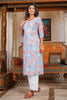 Powder Blue Color Floral Printed Cotton Long Kurti Set