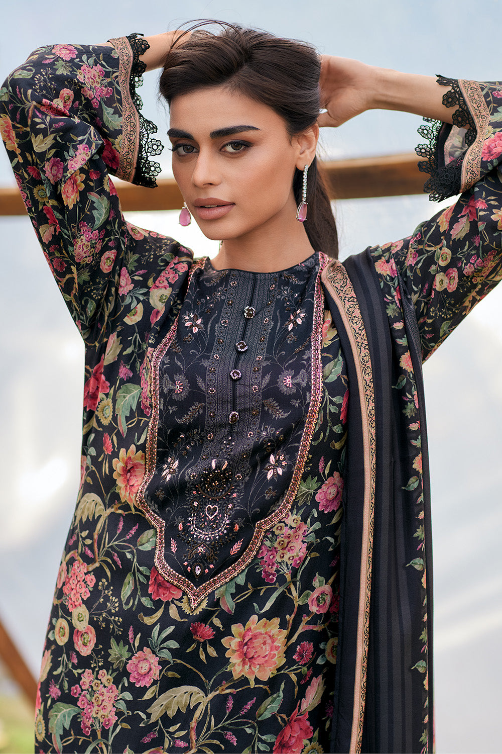 Black Color Crepe Silk Floral Printed Unstitched Suit Fabric